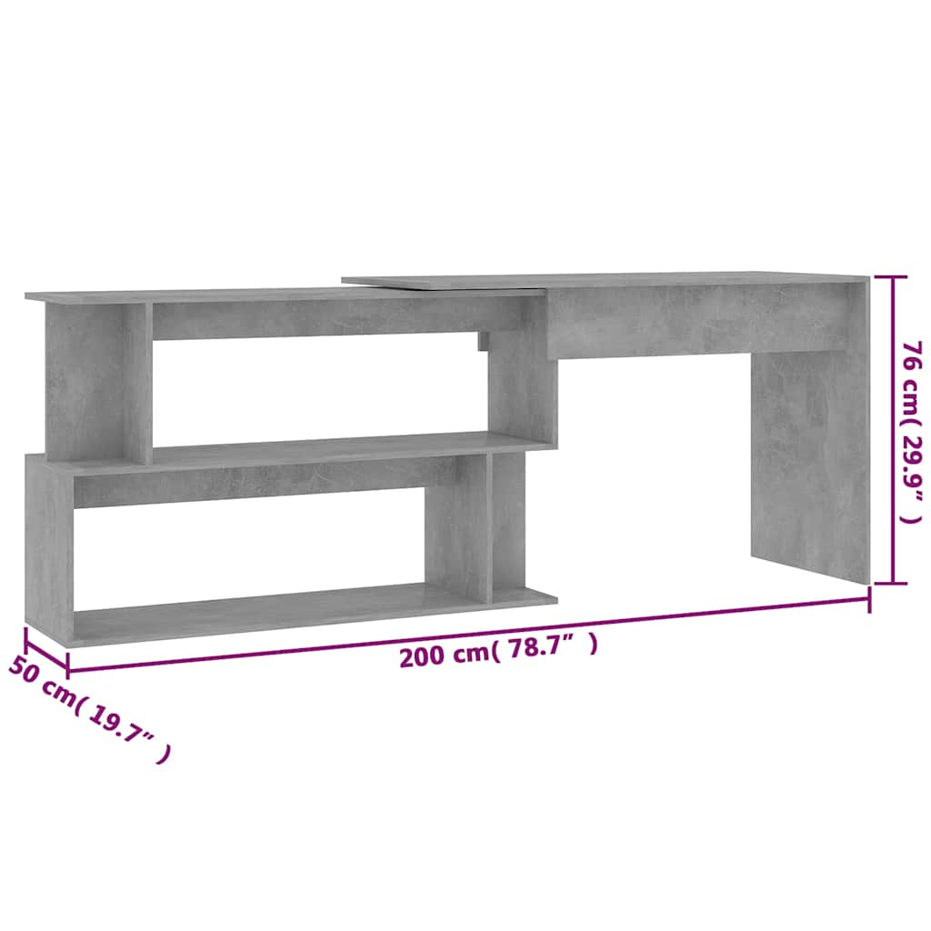 801102 vidaXL Corner Desk Concrete Grey 200x50x76 cm Engineered Wood