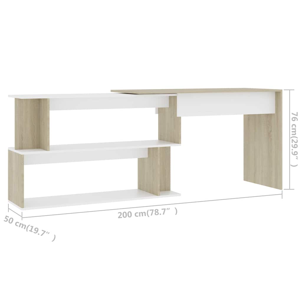 801103 vidaXL Corner Desk White and Sonoma Oak 200x50x76 cm Engineered Wood