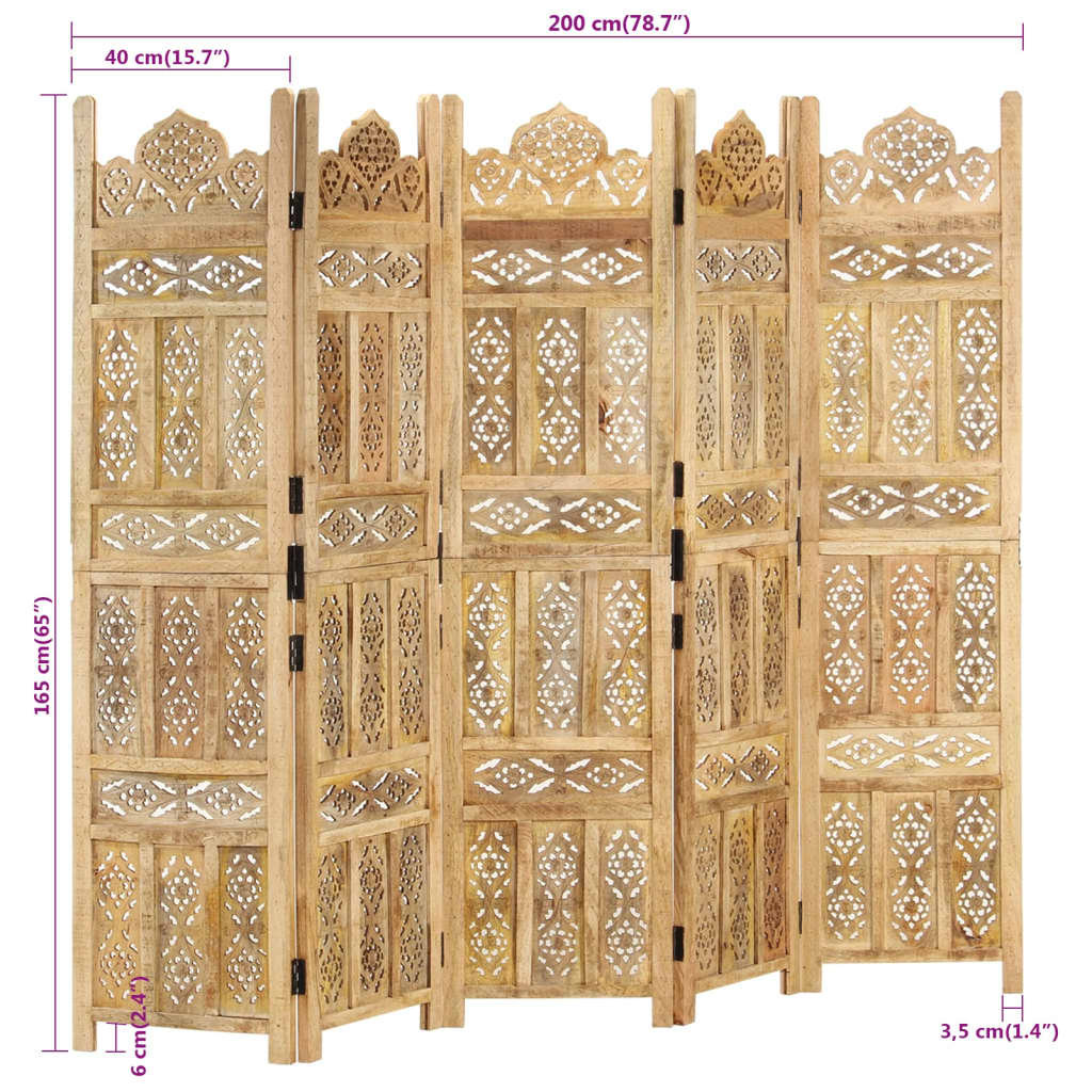 Hand carved 5-Panel Room Divider 200x165 cm Solid Mango Wood