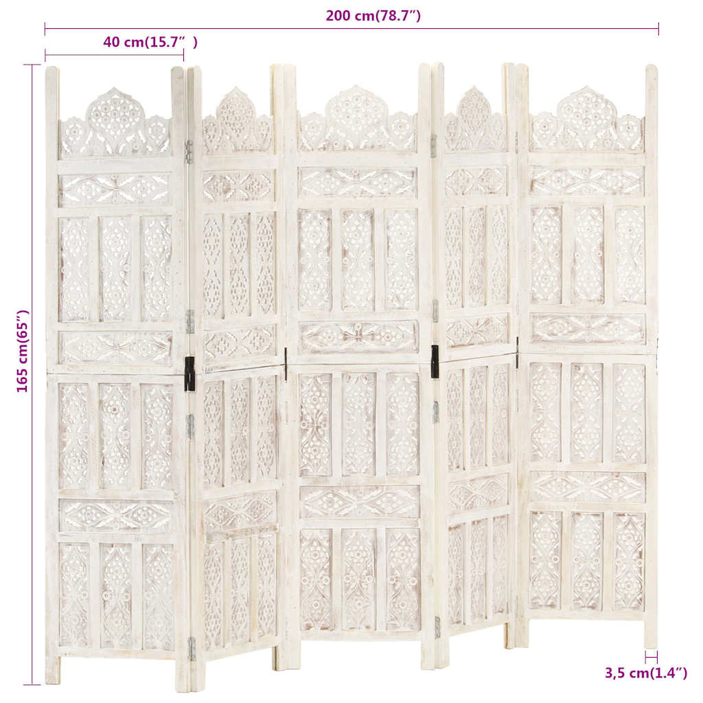 Hand carved 5-Panel Room Divider White 200x165 cm