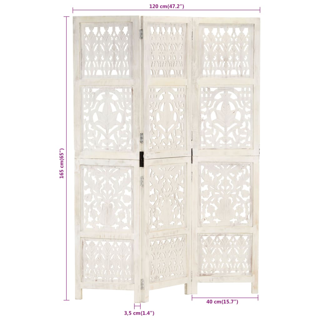 Hand carved 3-Panel Room Divider White 120x165 cm