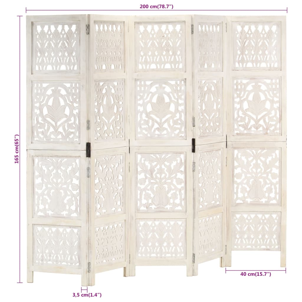 Hand carved 5-Panel Room Divider White 200x165 cm