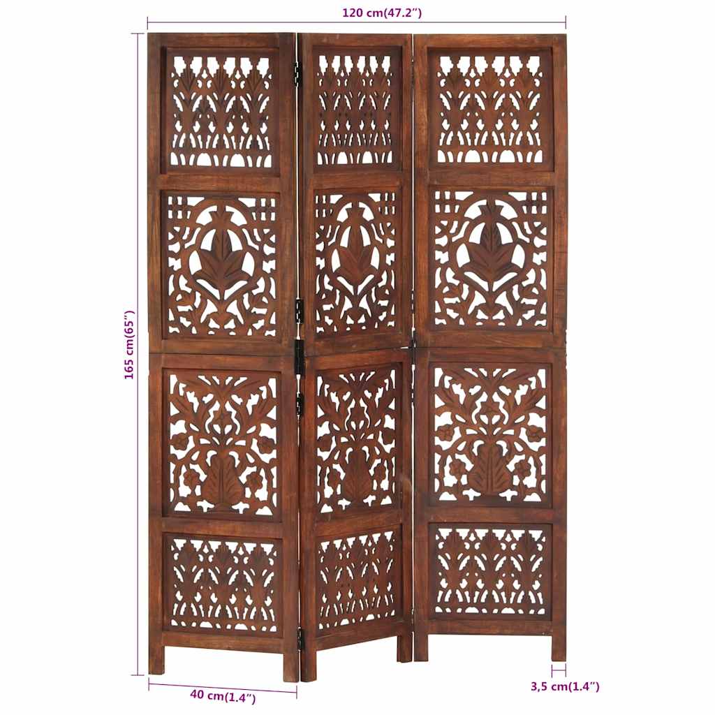 Hand Carved 3-Panel Room Divider Brown 120x165 cm Solid Mango Wood