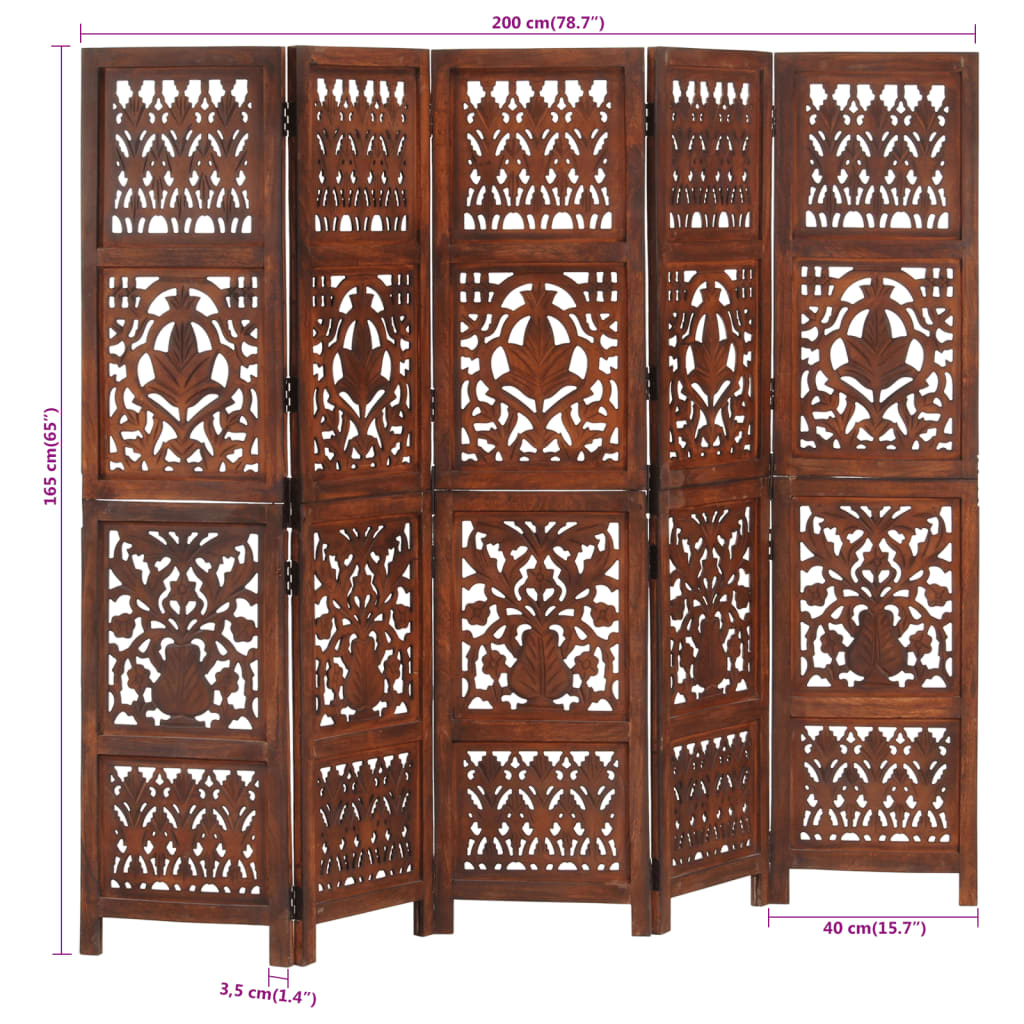 Hand Carved 5-Panel Room Divider Brown 200x165 cm