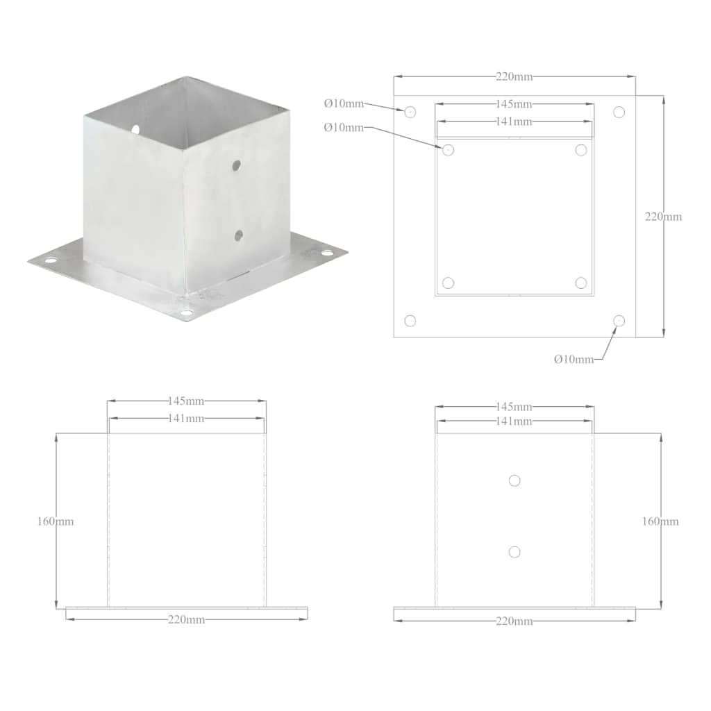 145452 vidaXL Post Anchors 4 pcs Galvanised Metal 141 mm