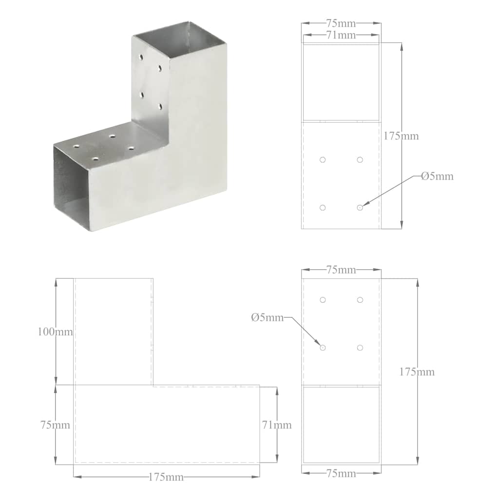 145453 vidaXL Post Connector L Shape Galvanised Metal 71x71 mm