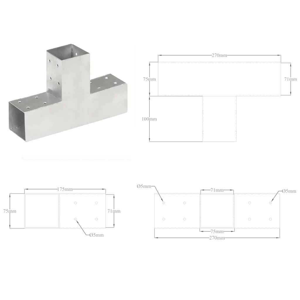 145455 vidaXL Post Connector T Shape Galvanised Metal 71x71 mm
