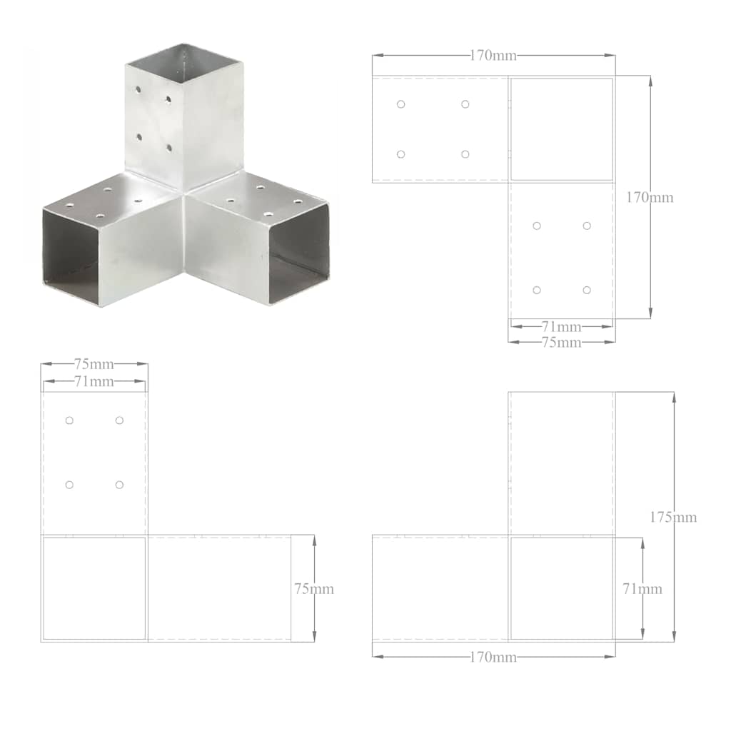 145458 vidaXL Post Connectors 4 pcs Y Shape Galvanised Metal 71x71 mm