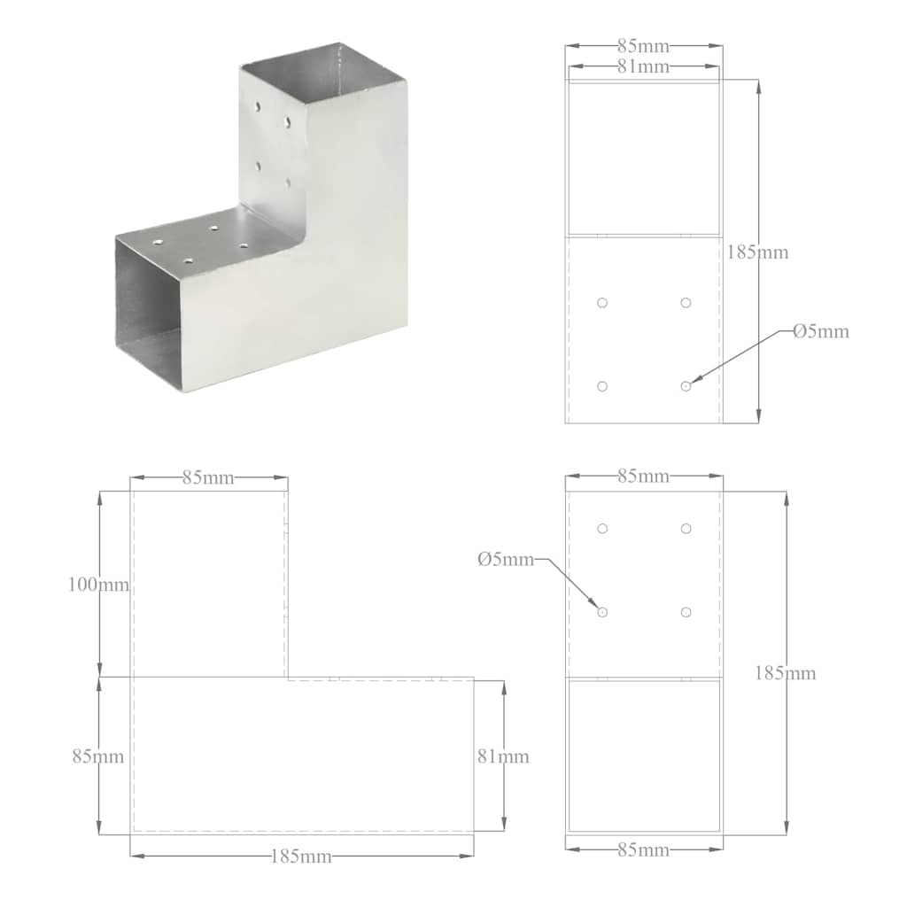 145462 vidaXL Post Connectors 4 pcs L Shape Galvanised Metal 81x81 mm
