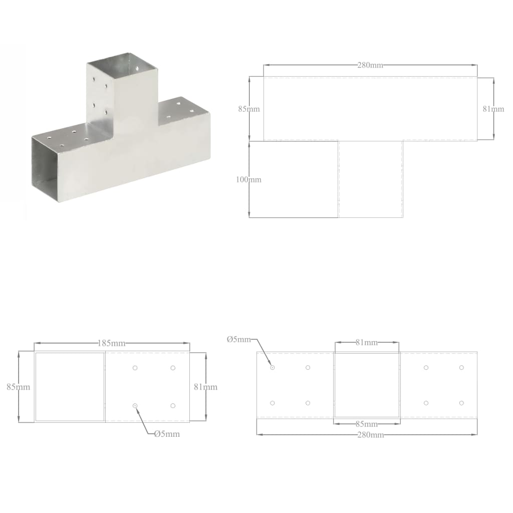 145464 vidaXL Post Connectors 4 pcs T Shape Galvanised Metal 81x81 mm