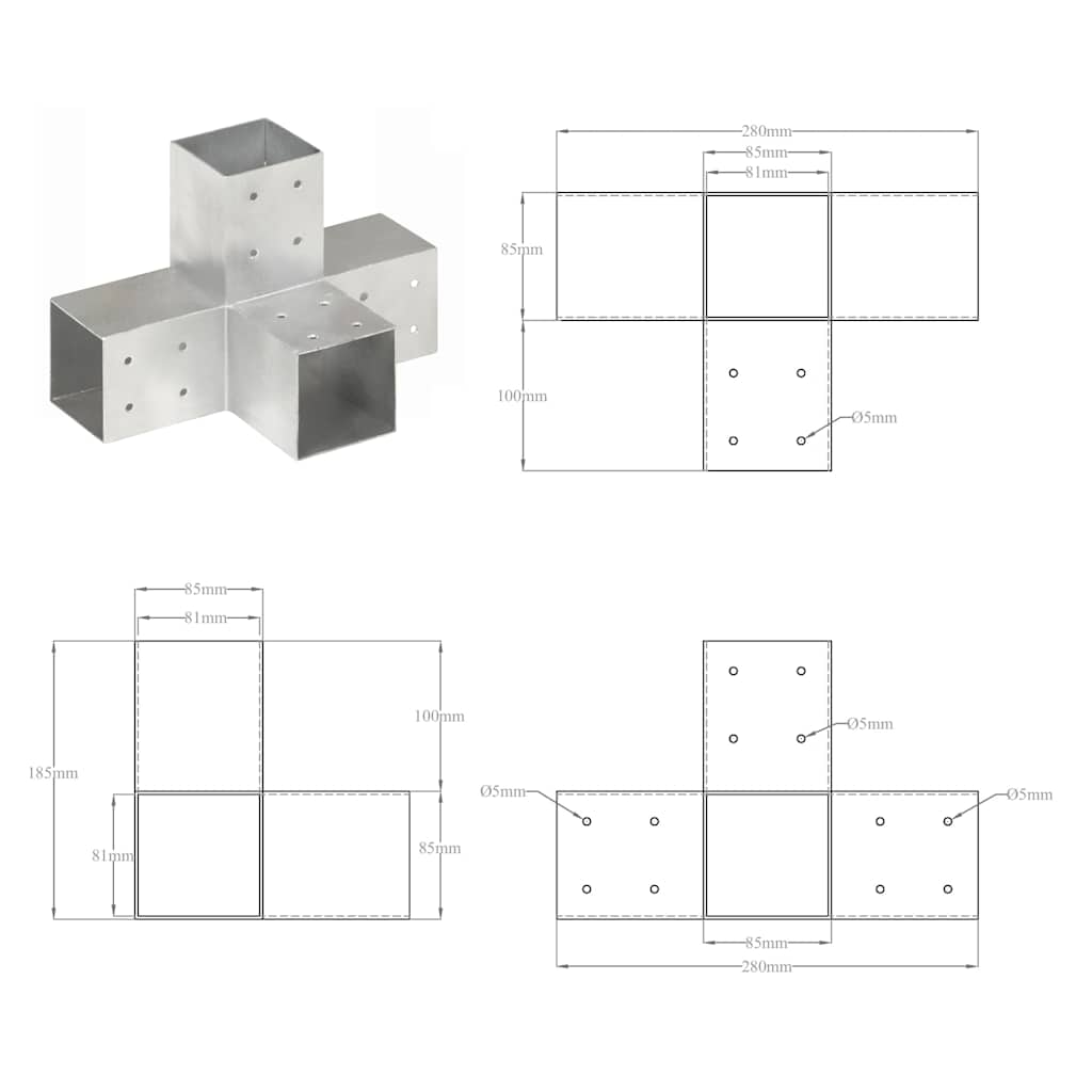 145467 vidaXL Post Connector X Shape Galvanised Metal 81x81 mm