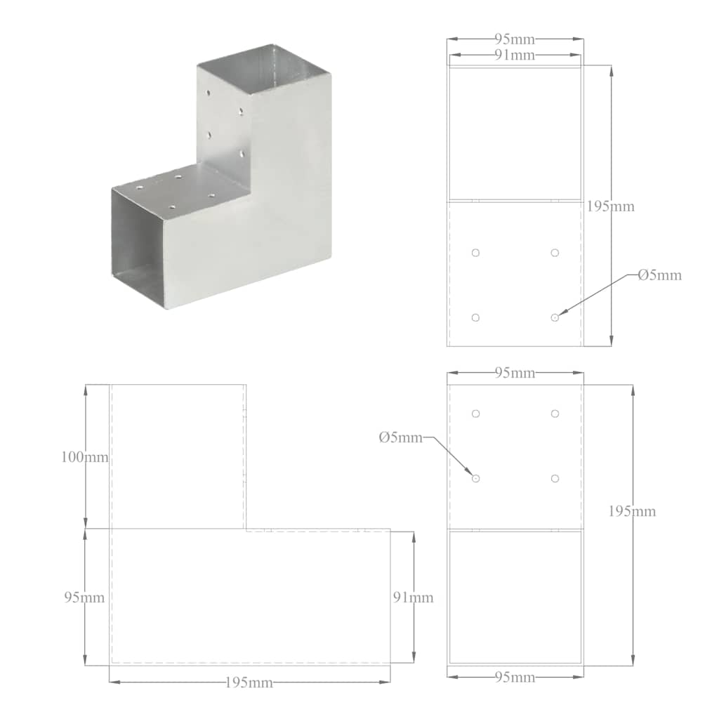145469 vidaXL Post Connector L Shape Galvanised Metal 91x91 mm