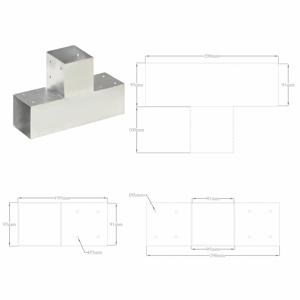 145472 vidaXL Post Connectors 4 pcs T Shape Galvanised Metal 91x91 mm
