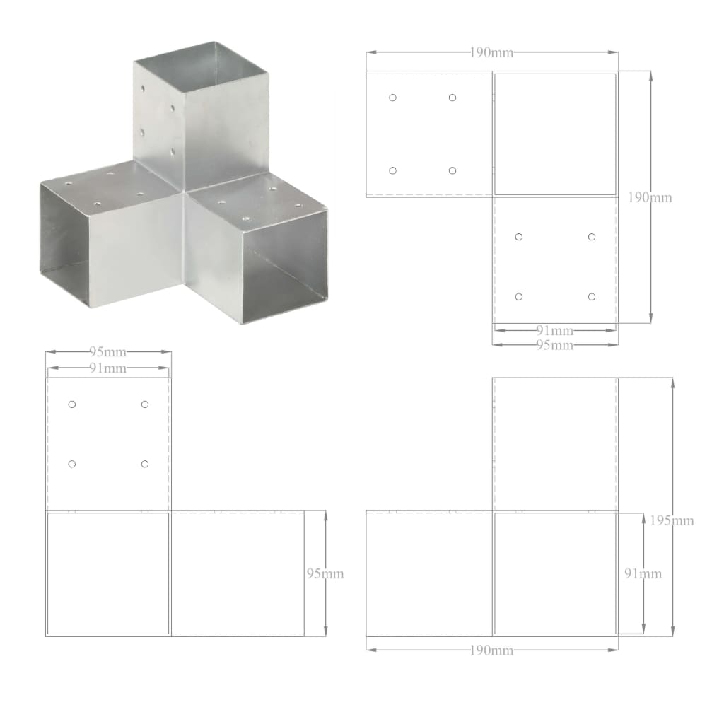 145474 vidaXL Post Connectors 4 pcs Y Shape Galvanised Metal 91x91 mm