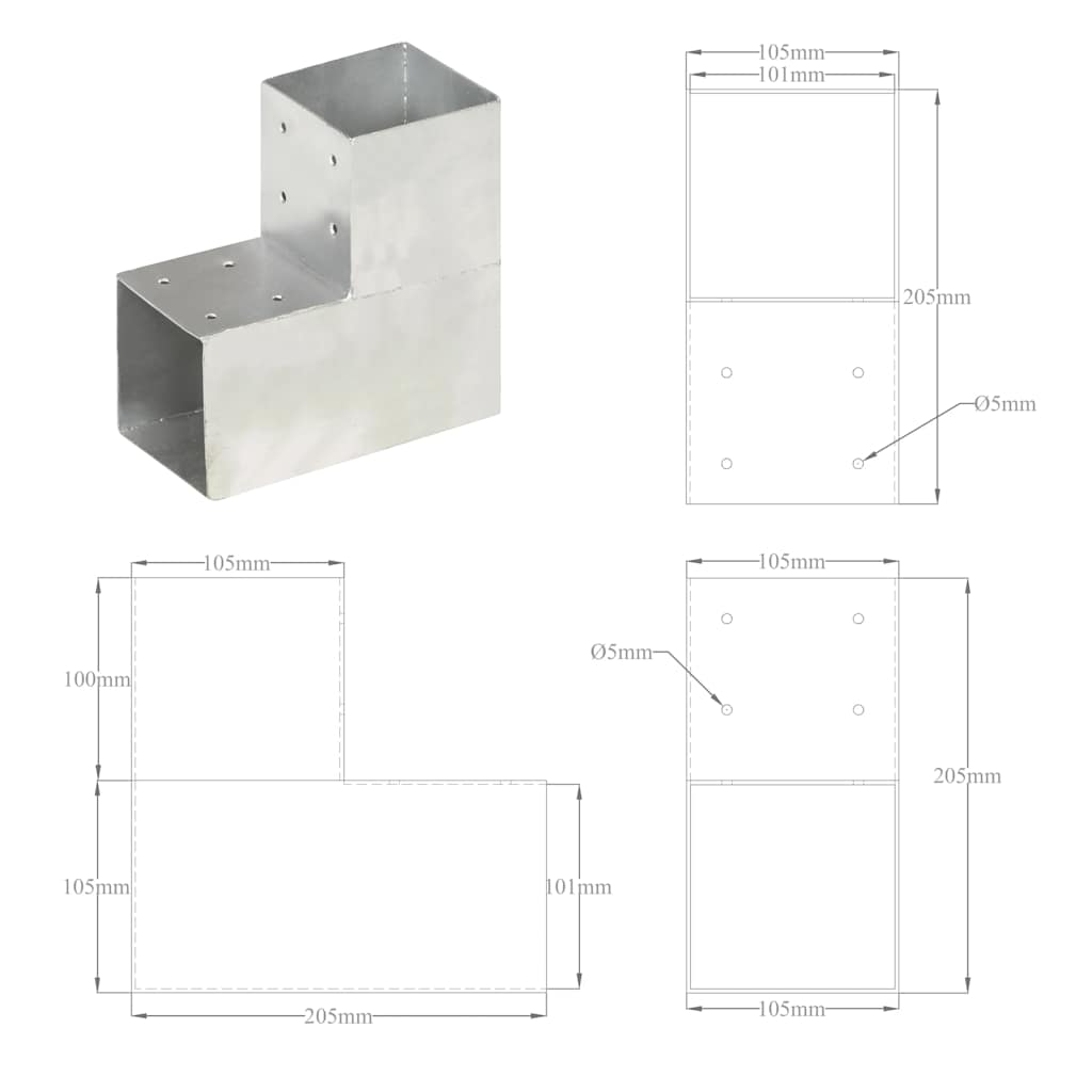 145477 vidaXL Post Connector L Shape Galvanised Metal 101x101 mm