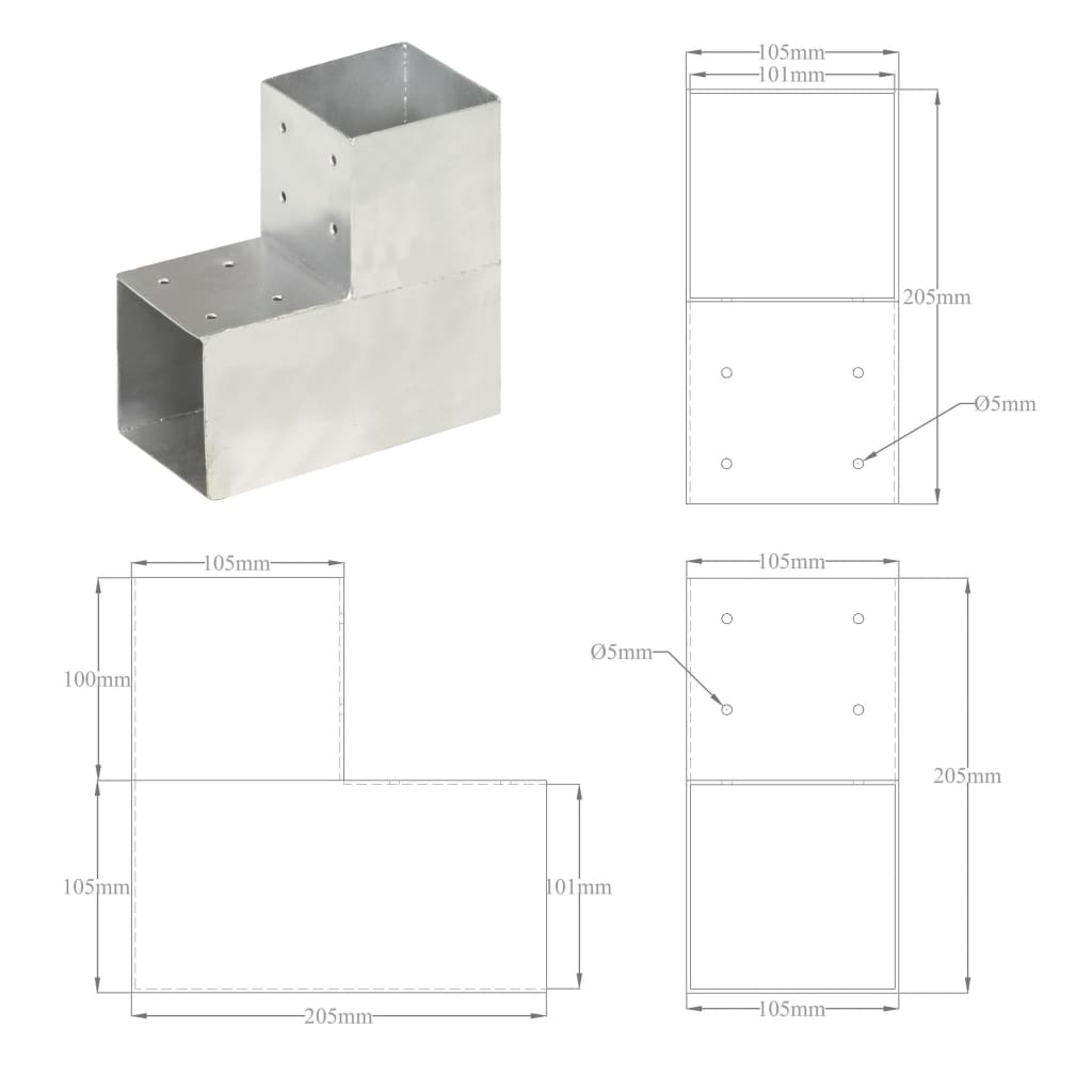 145478 vidaXL Post Connectors 4 pcs L Shape Galvanised Metal 101x101 mm