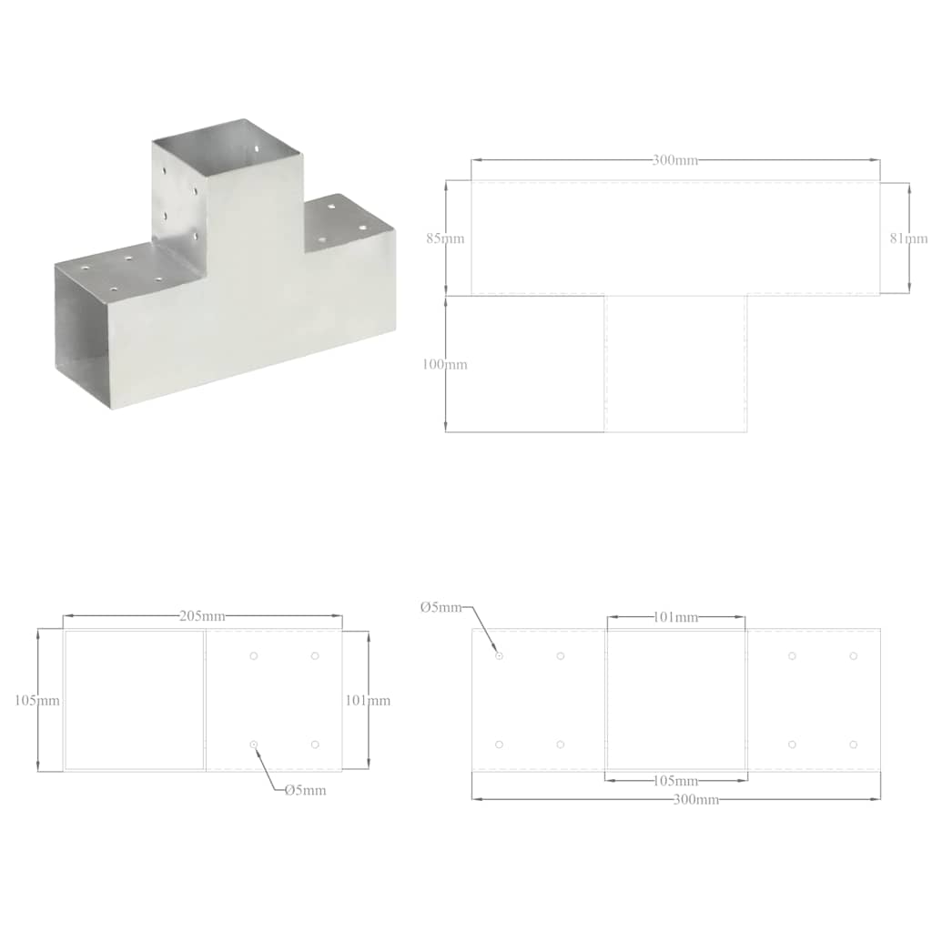 145479 vidaXL Post Connector T Shape Galvanised Metal 101x101 mm