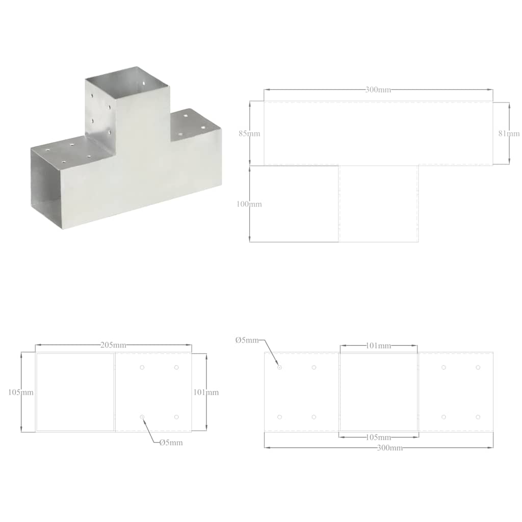 Post Connectors 4 pcs T Shape Galvanised Metal 101x101 mm