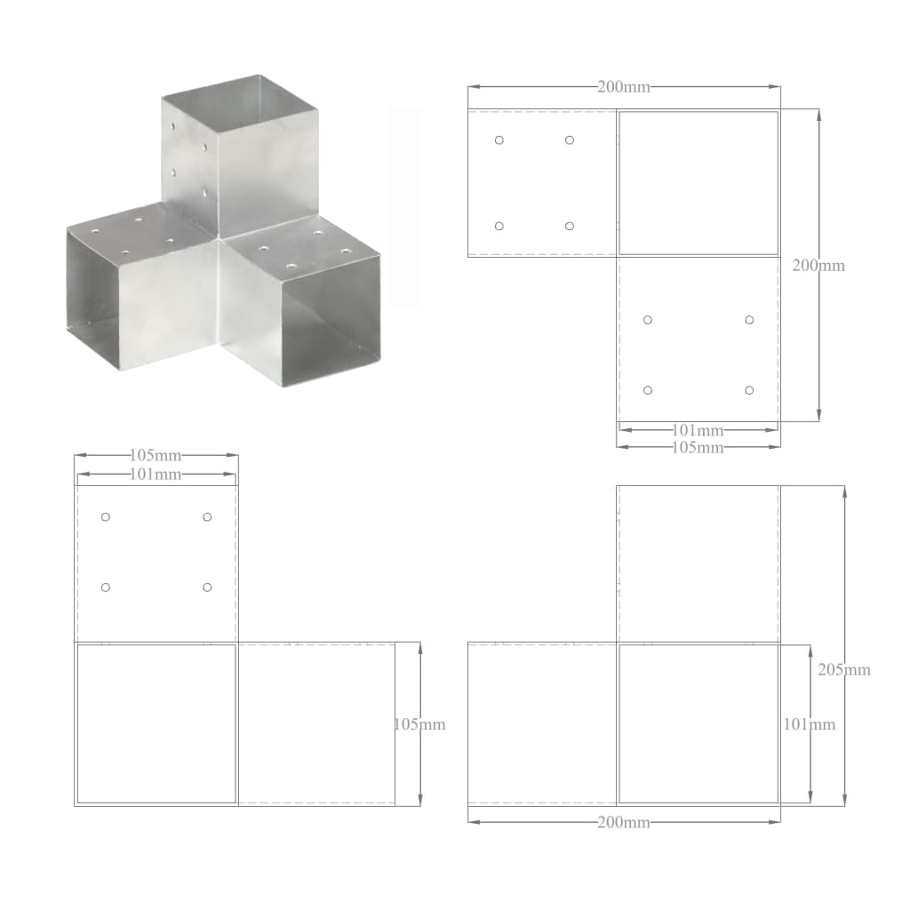 145482 vidaXL Post Connectors 4 pcs Y Shape Galvanised Metal 101x101 mm