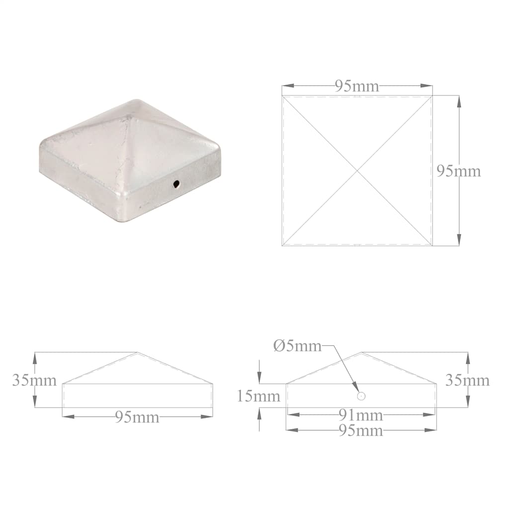 145491 vidaXL Pyramid Fence Post Caps 6 pcs Galvanised Metal 91x91 mm