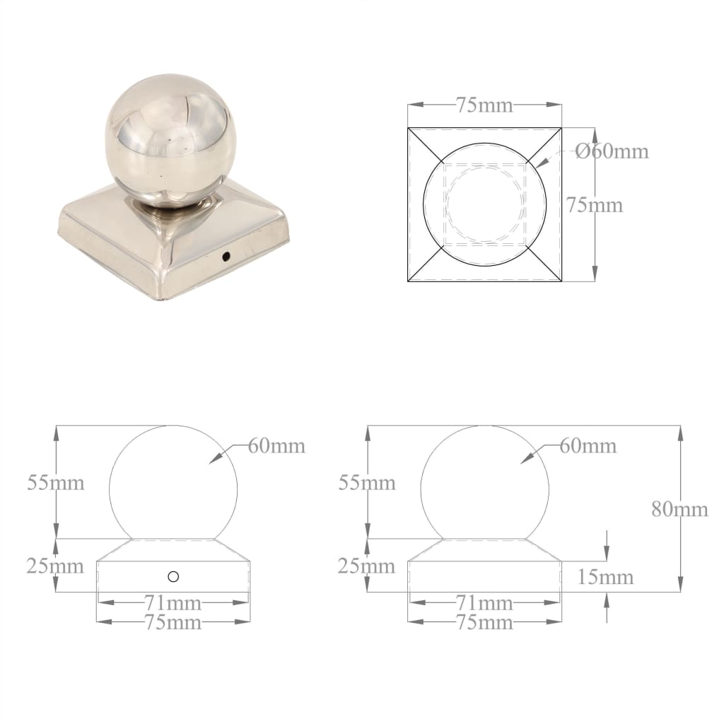 145493 vidaXL Post Caps 6 pcs Globe Final Stainless Steel 71x71 mm
