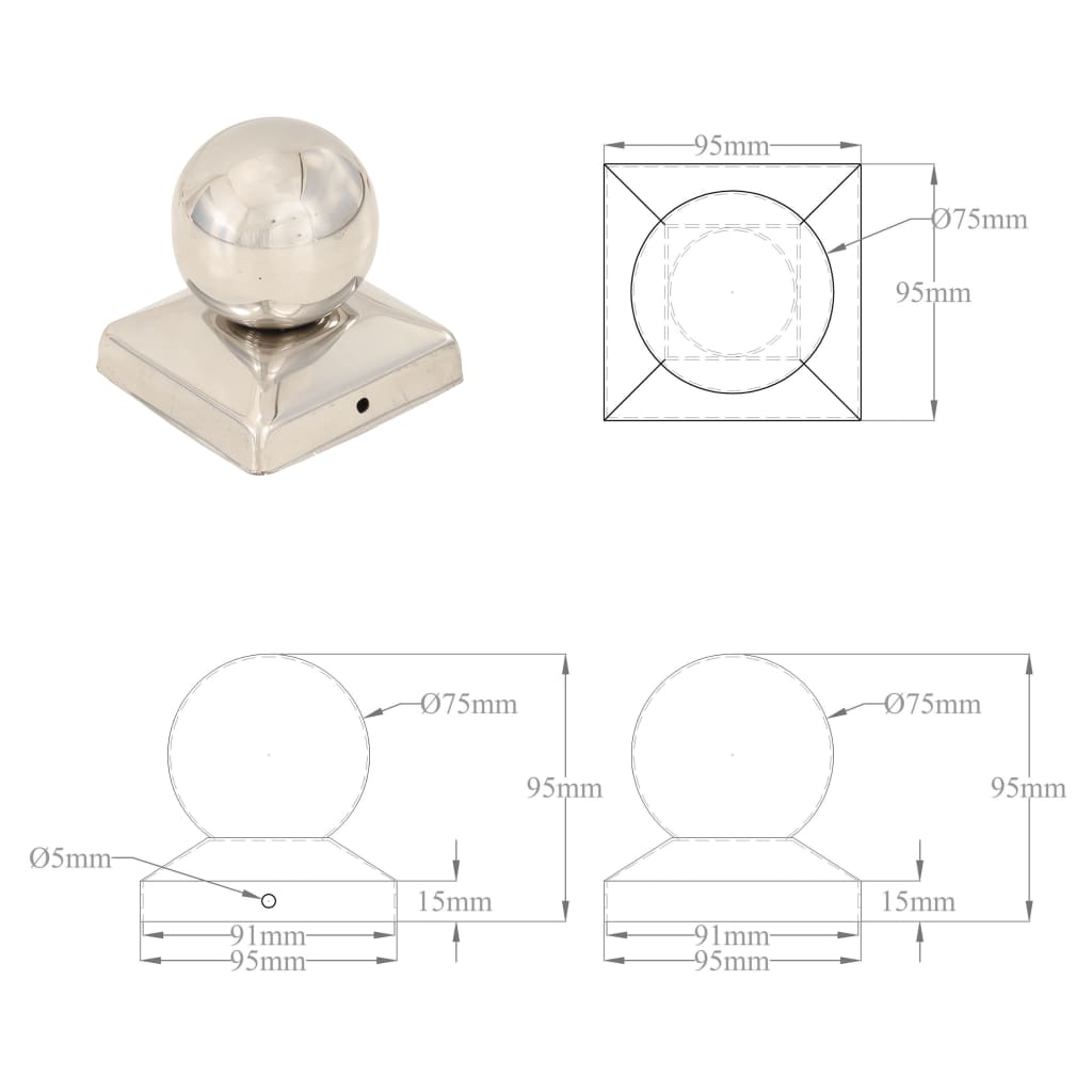 145495 vidaXL Post Caps 6 pcs Globe Final Stainless Steel 91x91 mm