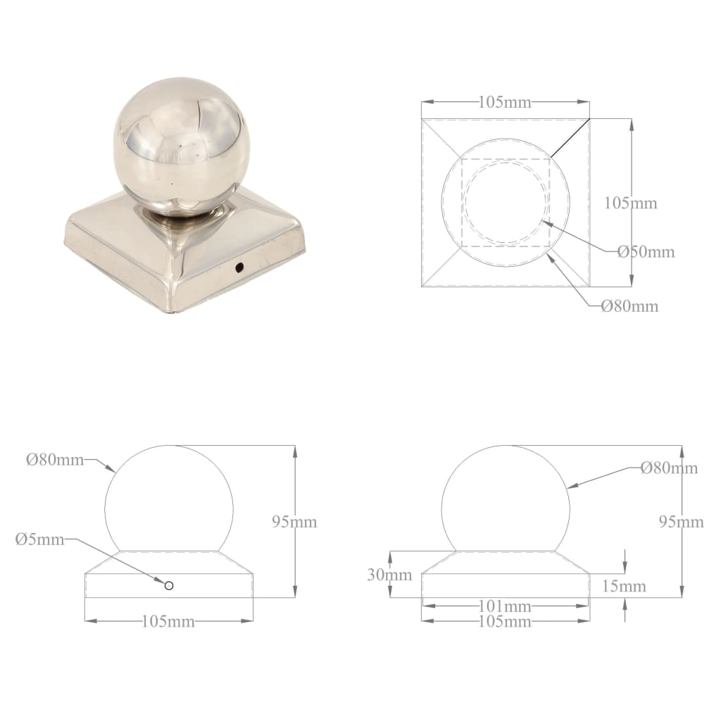145496 vidaXL Post Caps 6 pcs Globe Final Stainless Steel 101x101 mm