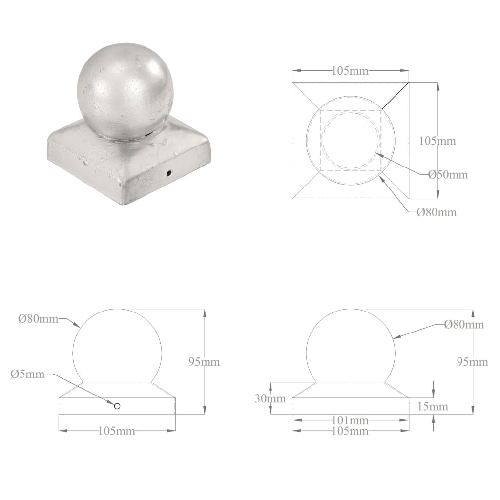 145500 vidaXL Post Caps 6 pcs Globe Final Galvanised Metal 101x101 mm