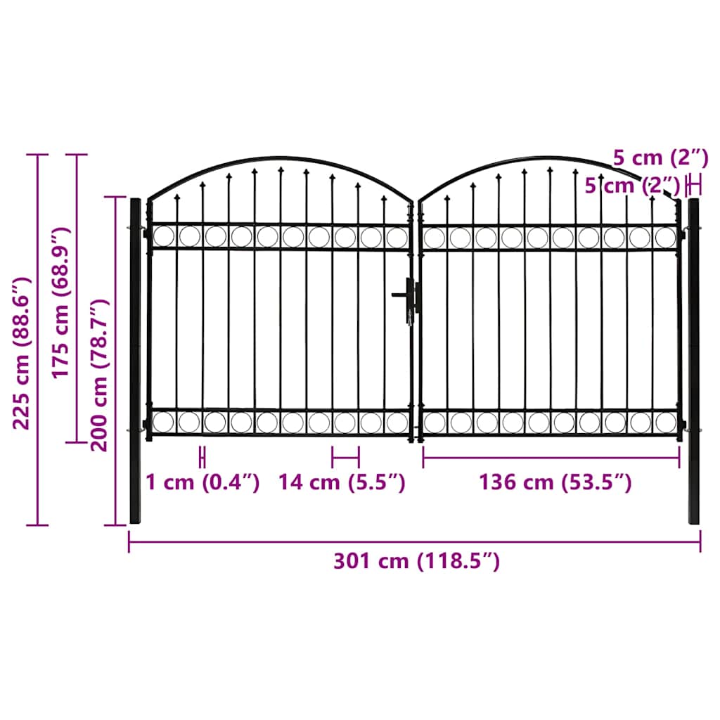 Fence Gate "ASSEN" Double Door with Arched Top Steel 300x175 cm