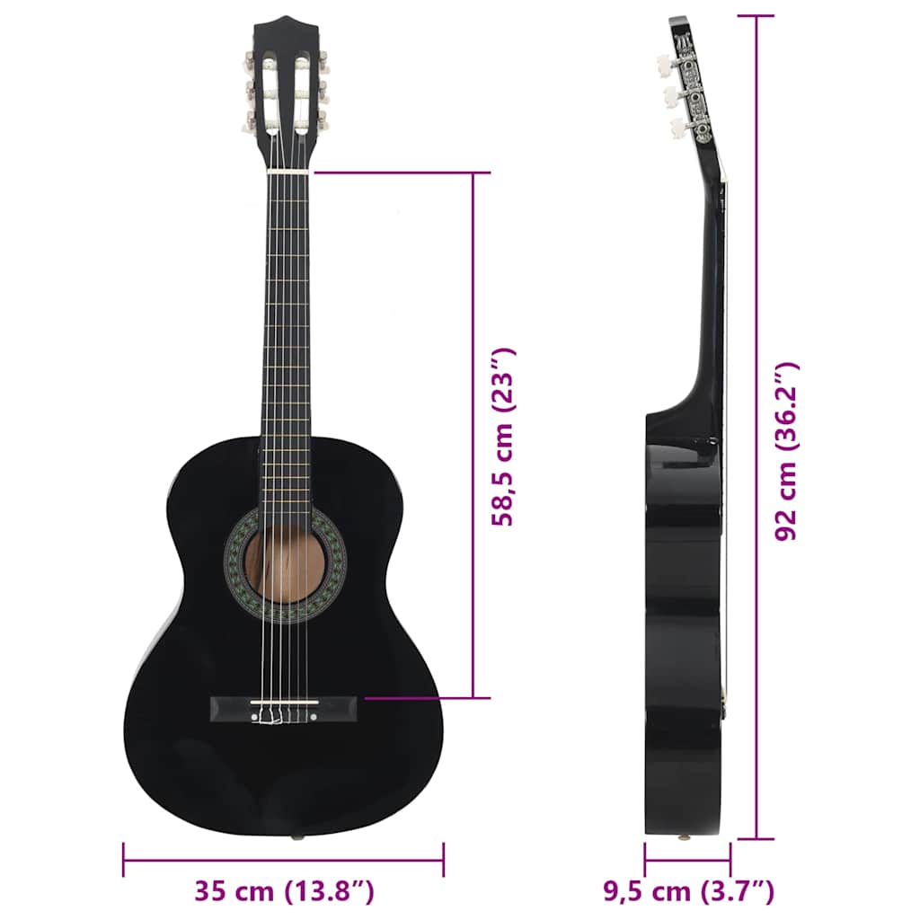 8 Piece Classical Guitar Beginner Set Black 3/4 36