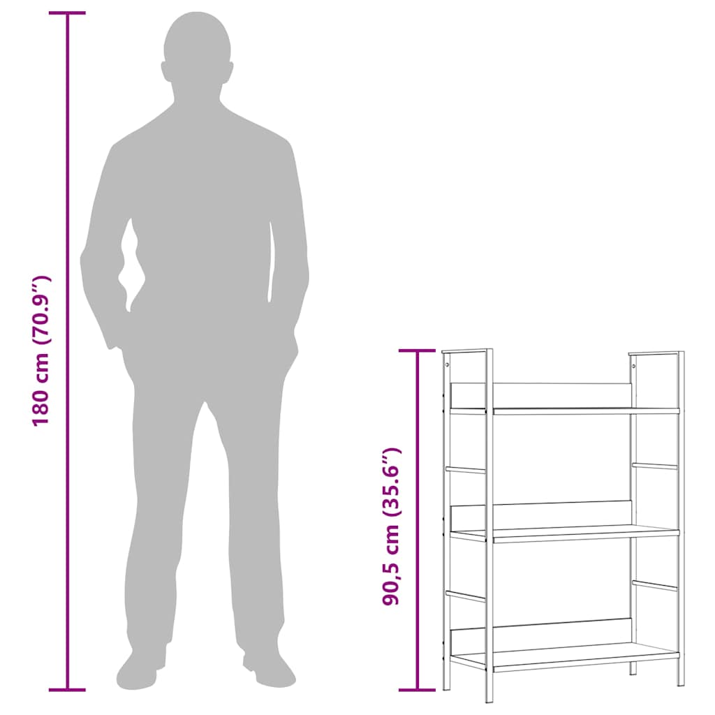 288218 vidaXL 3-Layer Book Shelf Black 60x27,6x90,5 cm Engineered Wood