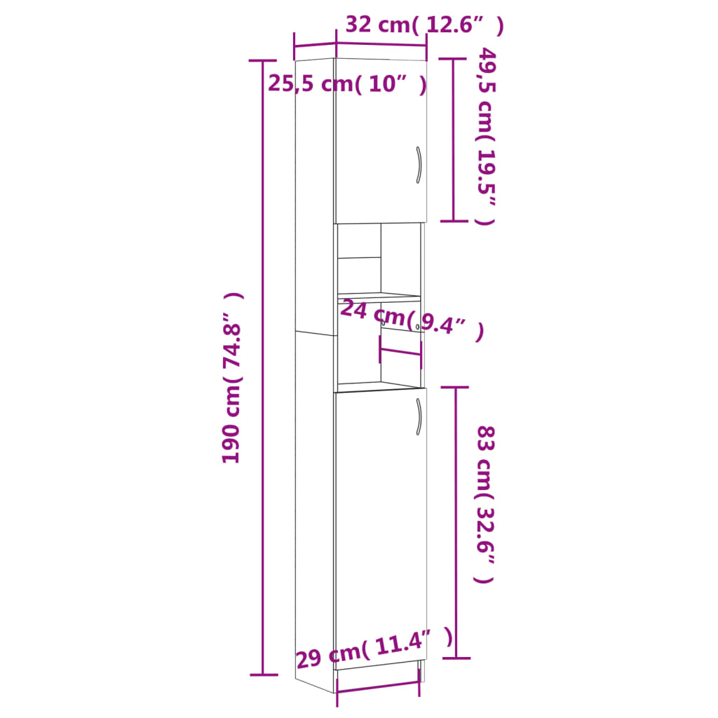 802876 vidaXL Bathroom Cabinet White 32x25,5x190 cm Engineered Wood