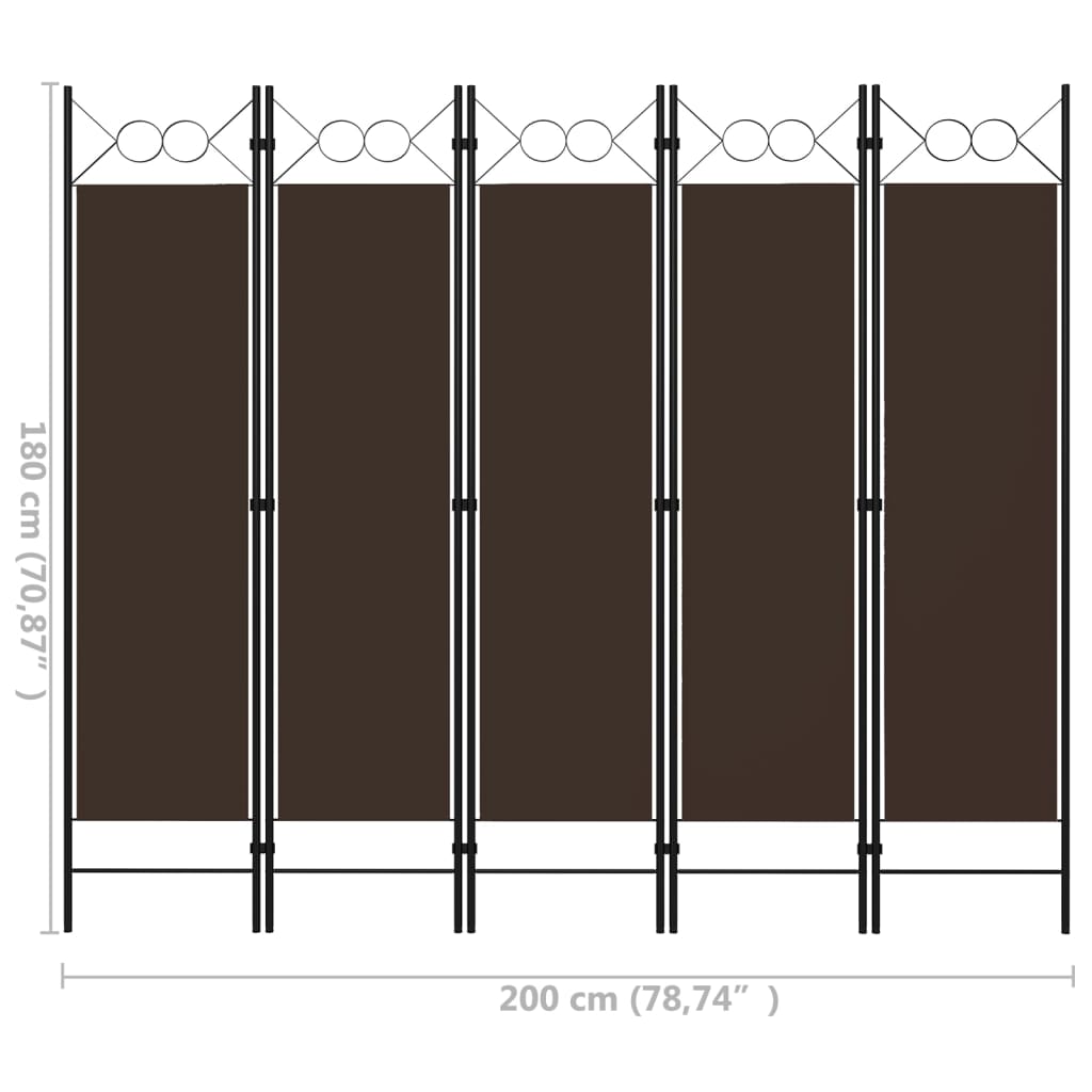 320708 vidaXL 5-Panel Room Divider Brown 200x180 cm