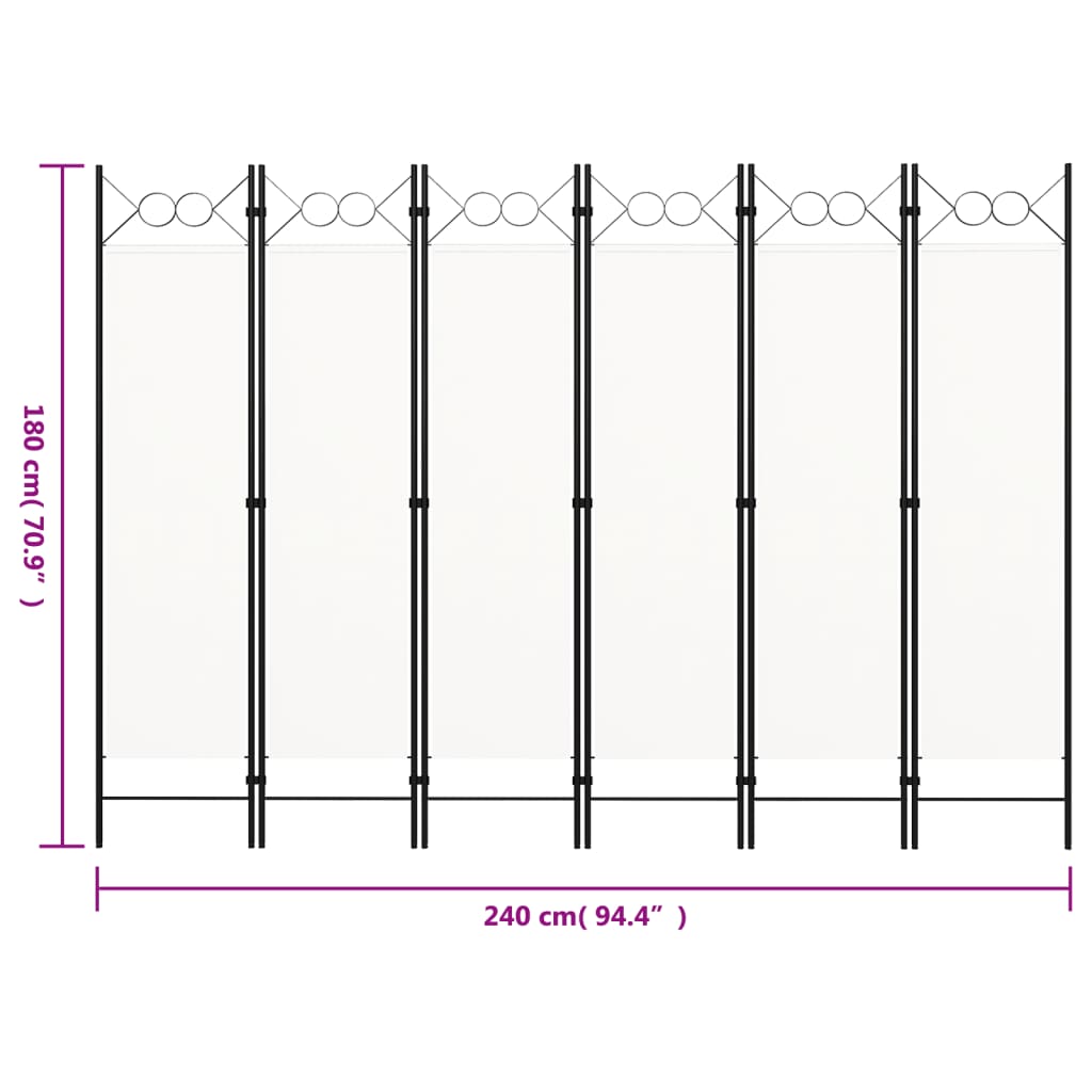 320711 vidaXL 6-Panel Room Divider White 240x180 cm