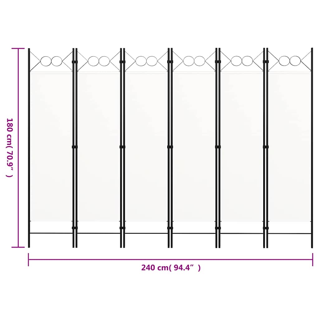 320711 vidaXL 6-Panel Room Divider White 240x180 cm