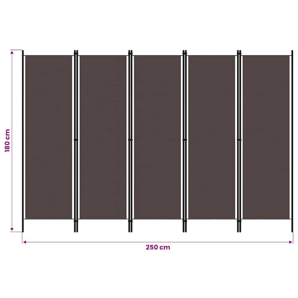 320724 vidaXL 5-Panel Room Divider Brown 250x180 cm