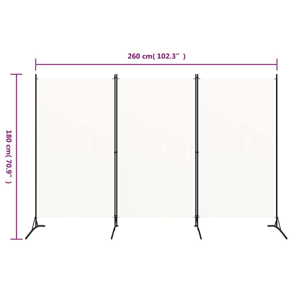 320731 vidaXL 3-Panel Room Divider White 260x180 cm Fabric