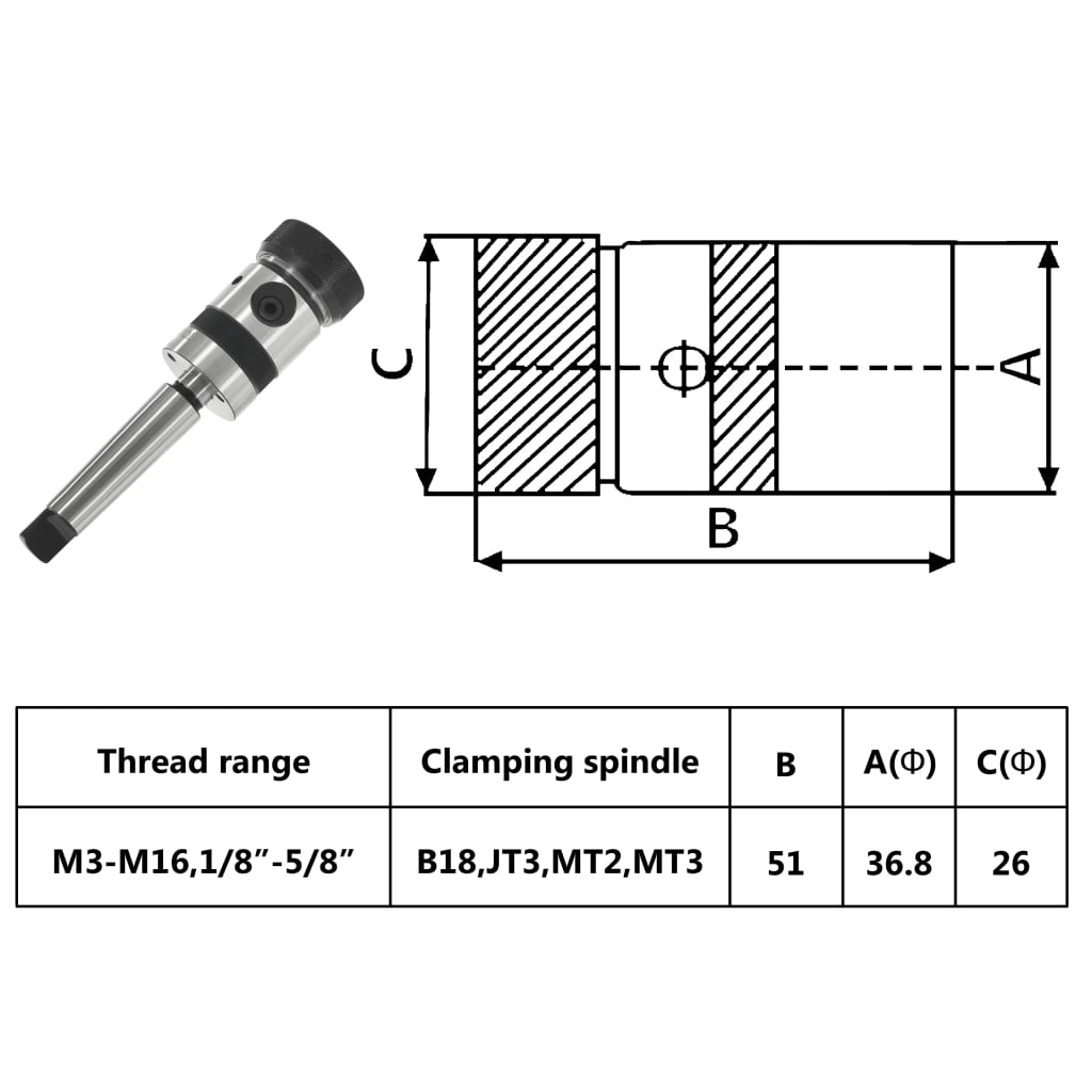 vidaXL Tapping Chuck B18 with MT3 Shank for Internal Thread M3-M16