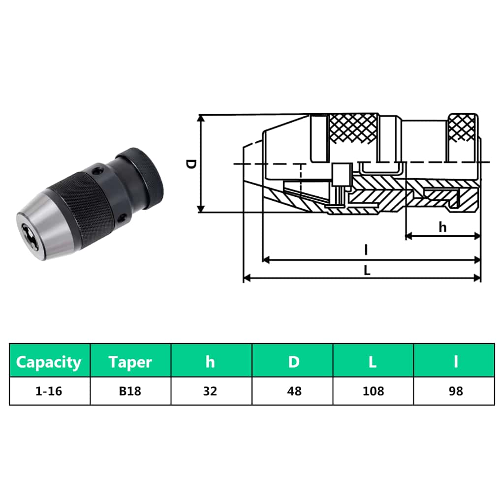 Quick Release Drill Chuck MT3-B18 16 mm Clamping Range 1-16B16