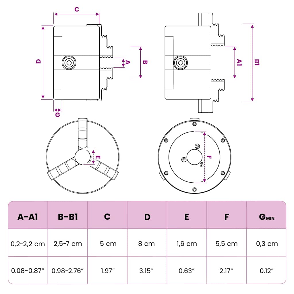 146704 vidaXL 3 Jaw Self-Centering Lathe Chuck 80 mm Steel