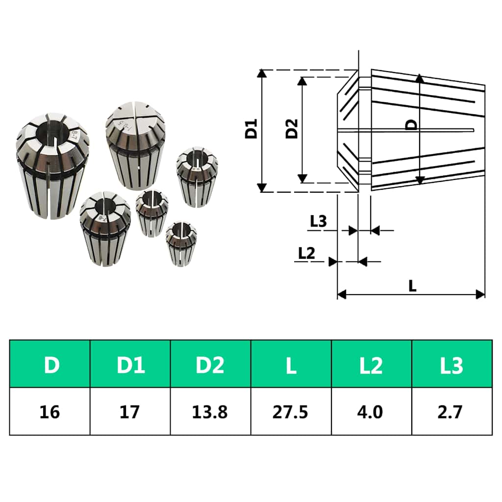 146721 vidaXL ER16 Collets 10 pcs Turning Tool Set
