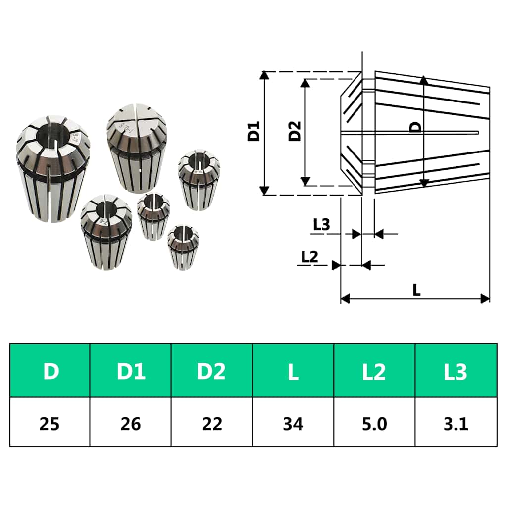 146723 vidaXL ER25 Collets 15 pcs Turning Tool Set