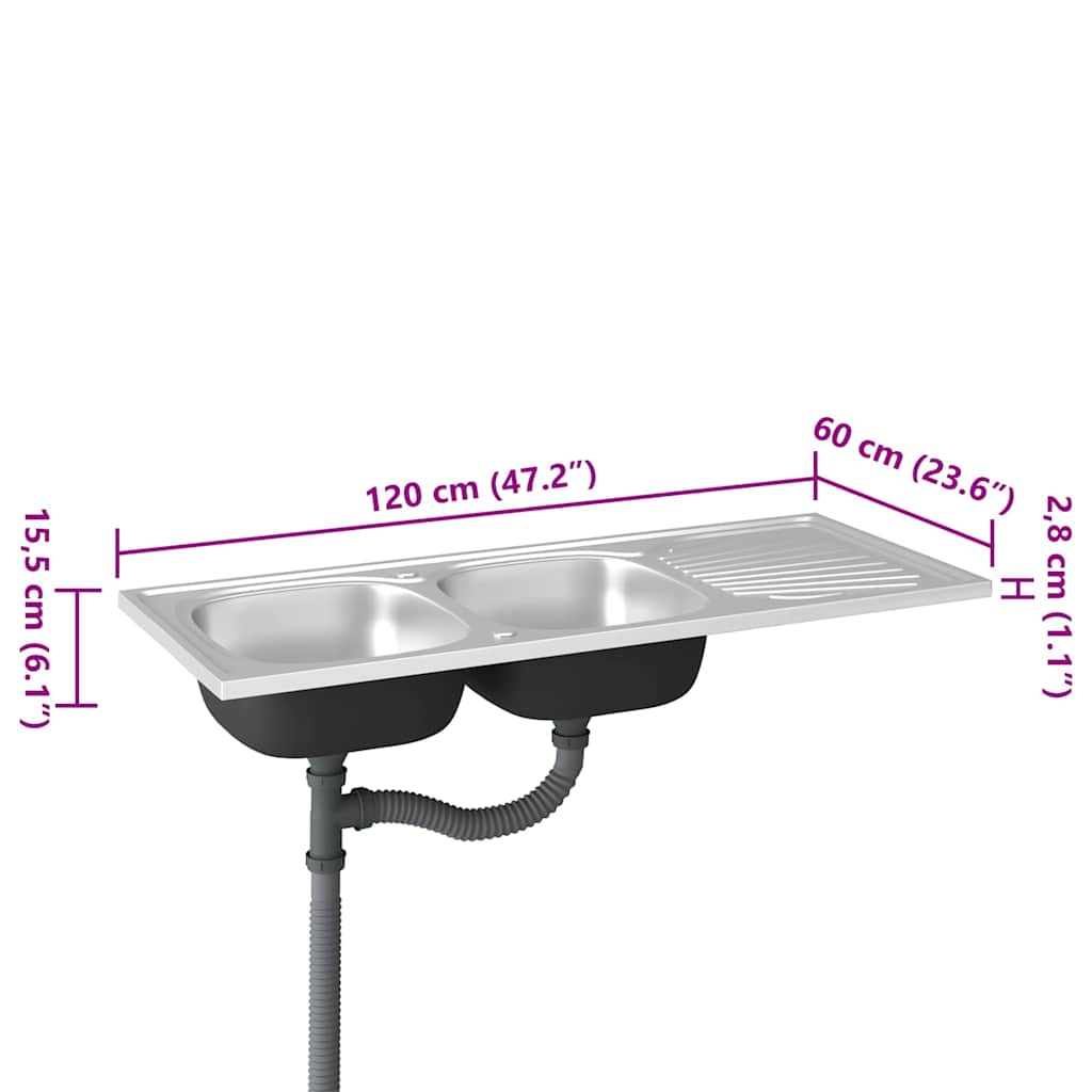 Kitchen Sink with Double Sinks Silver 1200x600x155 mm