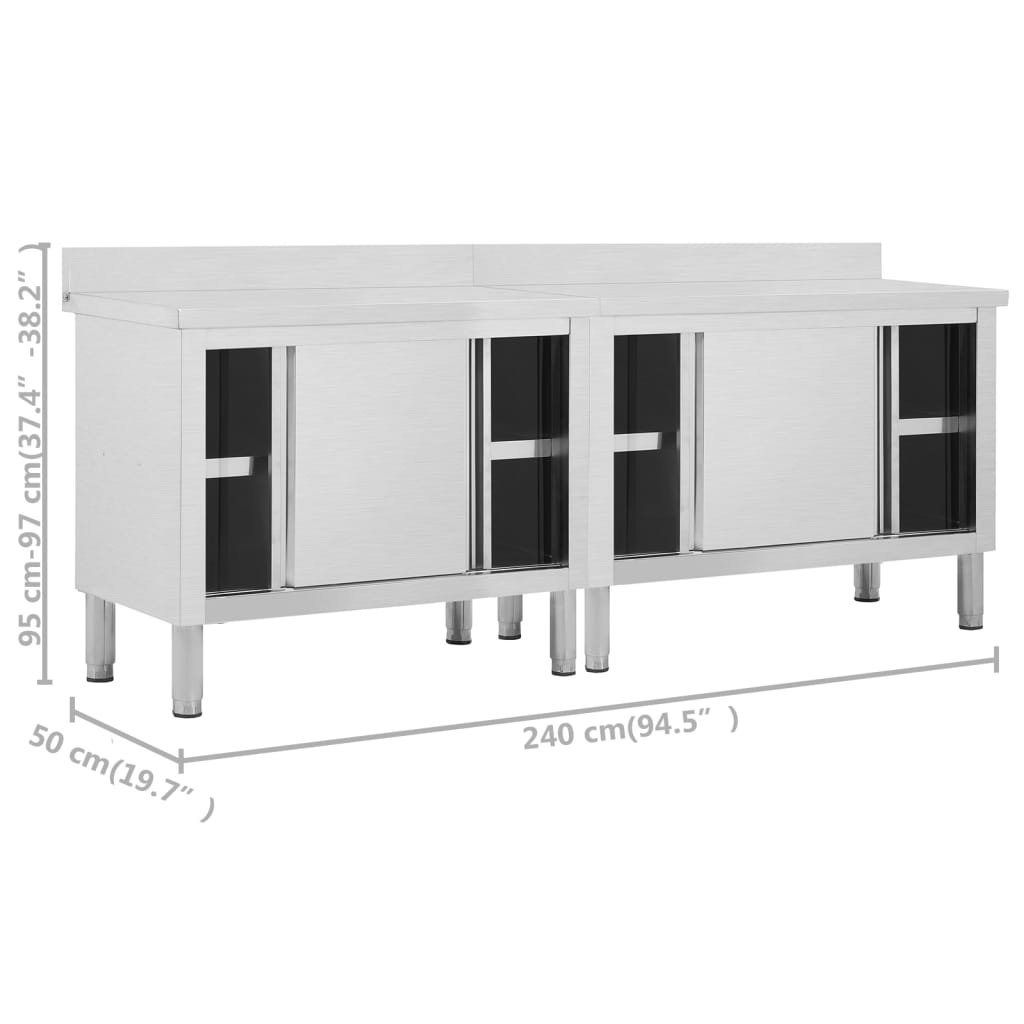 vidaXL Work Tables with Sliding Doors 2pcs 240x50x(95-97)cm Stainless Steel