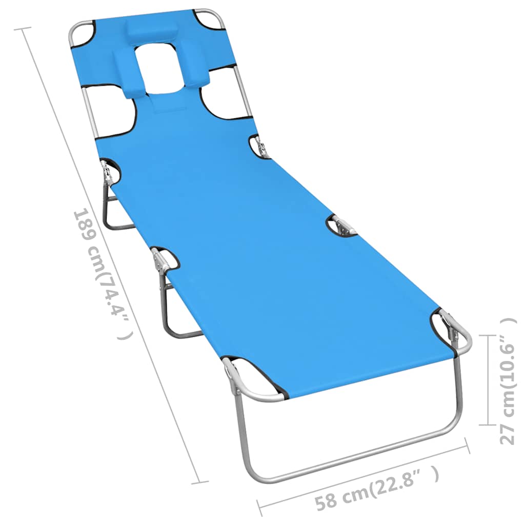 310332 vidaXL Folding Sun Lounger with Head Cushion Steel Turquoise Blue
