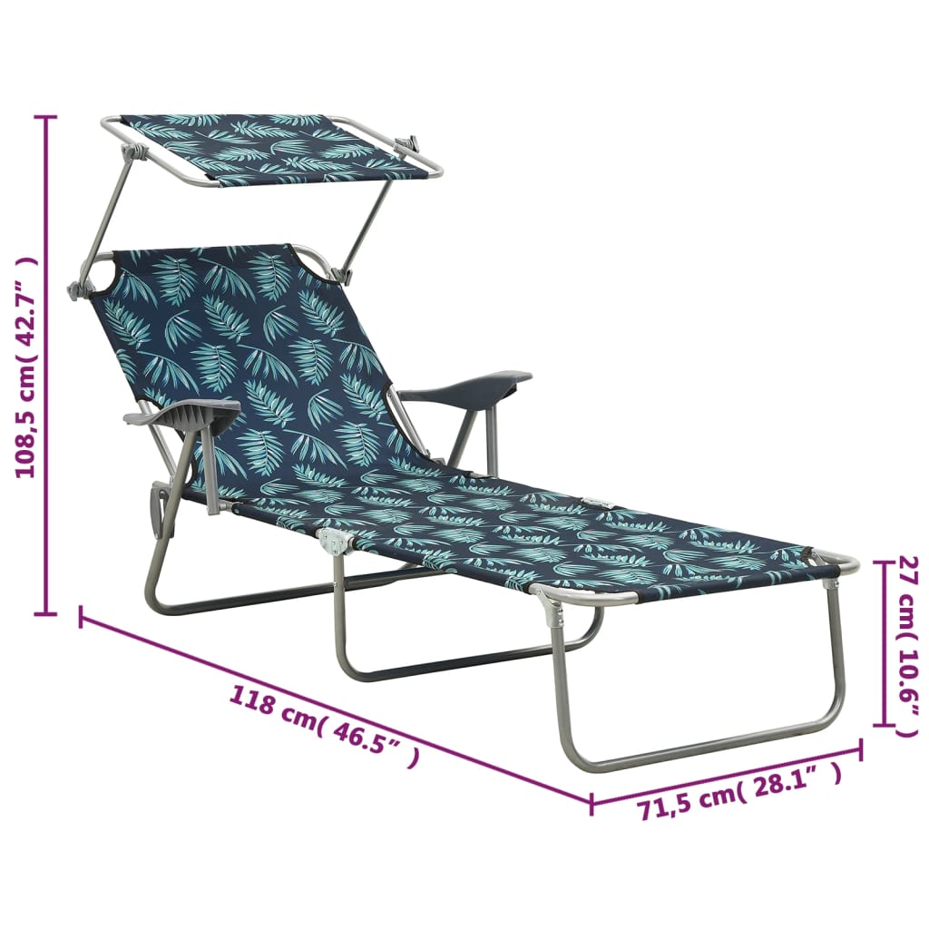 310338 vidaXL Sun Lounger with Canopy Steel Leaf Print