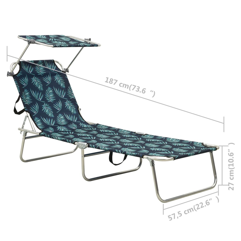 310364 vidaXL Folding Sun Lounger with Canopy Leaf Print Aluminium