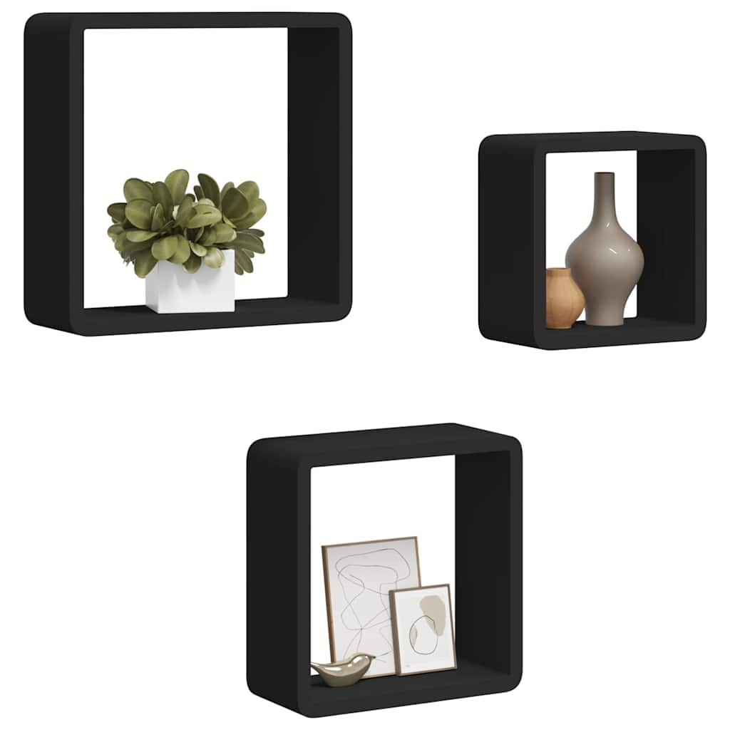 323953 vidaXL Wall Cube Shelves 3 pcs Black MDF