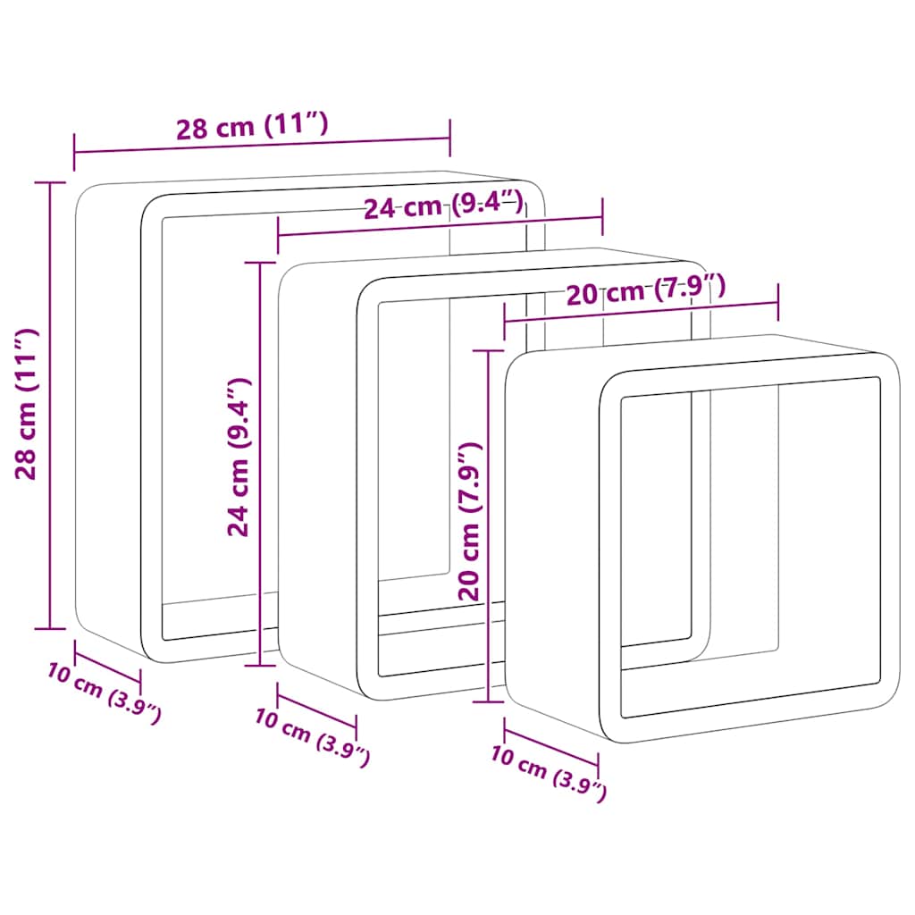 323954 vidaXL Wall Cube Shelves 3 pcs Grey MDF
