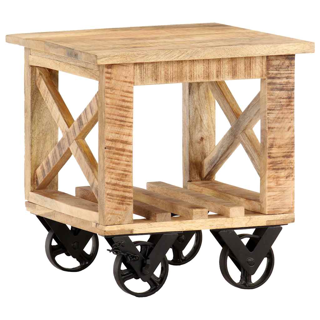 320936 vidaXL Side Table with Wheels 40x40x42 cm Rough Mango Wood